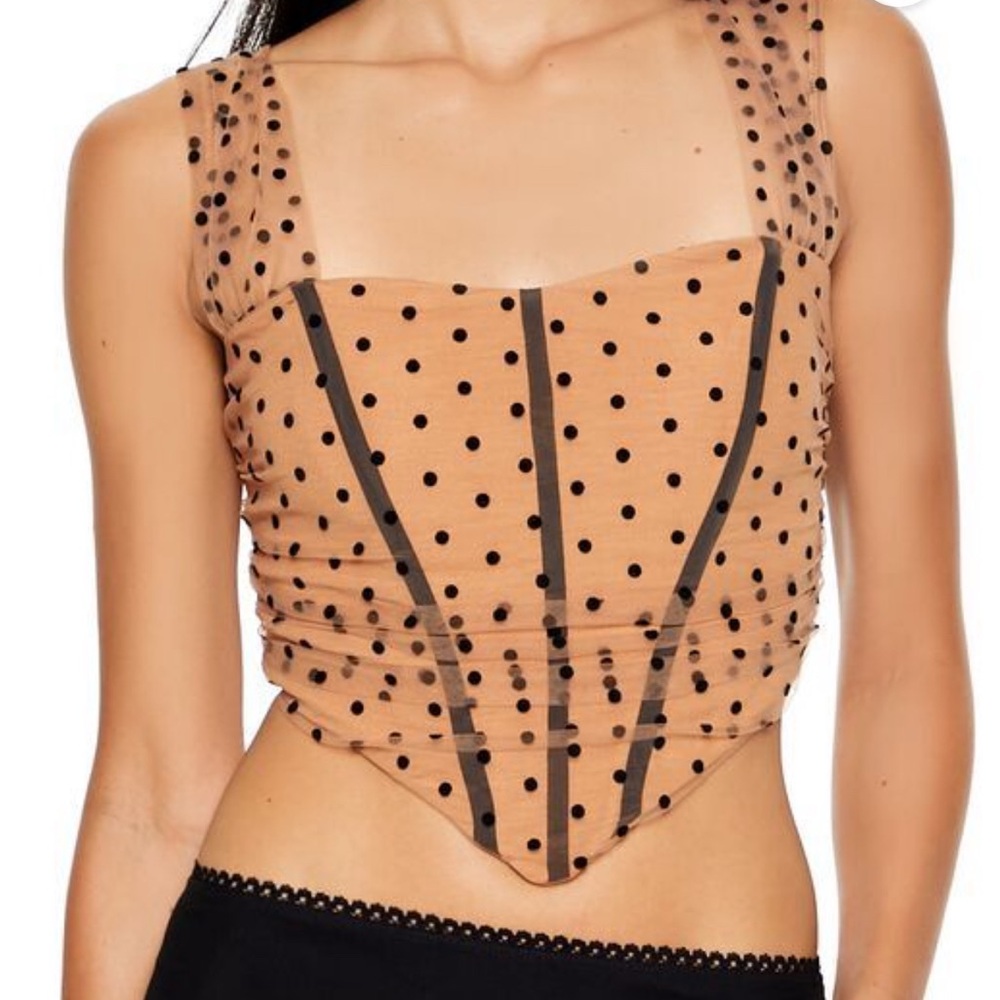 Polka Dot Tan Black Corset Crop Top Lace Tulle NEW Size Small Forever 21